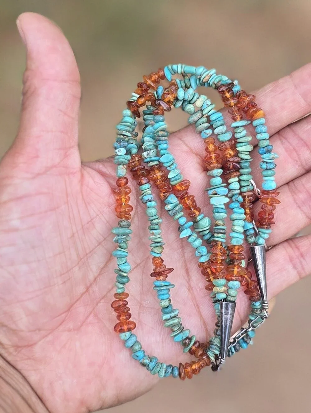 Southwestern double strand turquoise and amber 925 sterling silver necklace